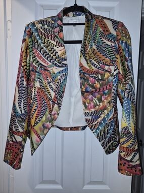 Ovi Multicolor Feather & Floral Cropped Blazer
